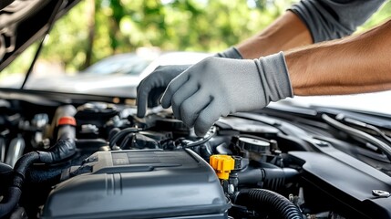Close-up shot of u n re c o g n is a b le man wearing gray glove inspecting car engine and interior of hood of car