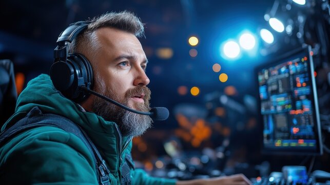 A man with a beard is deeply concentrated while wearing headphones. He observes several screens showing various data and graphics in a dark setting illuminated by soft lights - Powered by Adobe