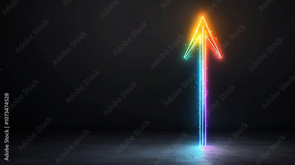Poster A striking abstract image featuring a vibrant glowing upward arrow composed of bright beams of light creating a sense of swift dynamic motion and energy against a dark background