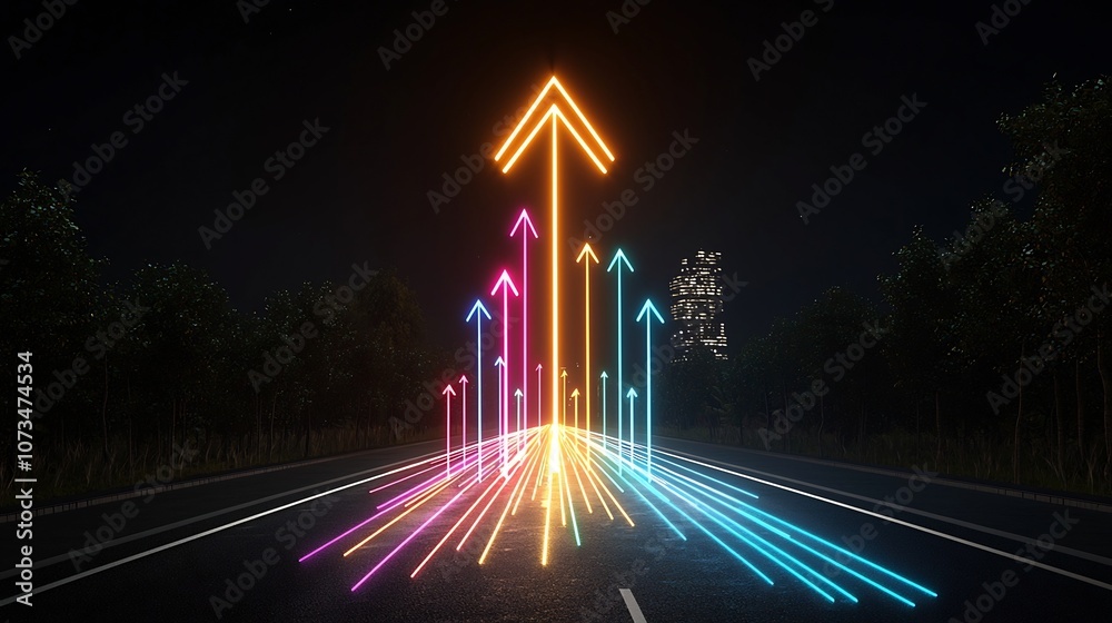 Poster Bright dynamic upward arrow of vibrant light beams creating a sense of swift motion and energy against a dark moody background  The luminous