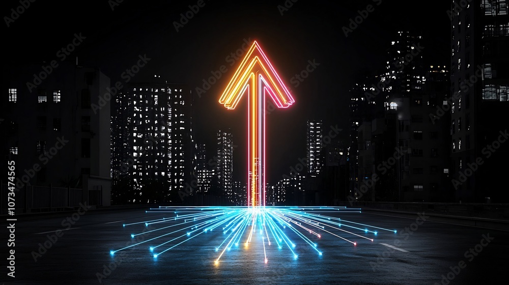 Poster Vibrant beams of light create an upward arrow glowing with bright colors and a feeling of swift motion on a black background  The dynamic energetic image conveys a sense of power momentum