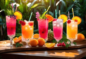 Fototapeta premium vibrant iced cocktails adorned fresh showcasing lively colors refreshing aesthetics summer gatherings, mixology, mocktail, beverage, drink, refreshment
