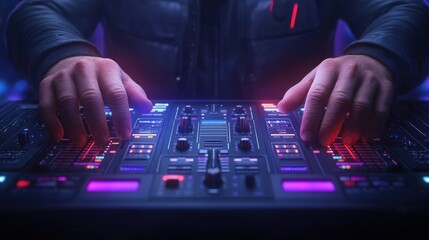 Obraz premium Hands skillfully manipulate a digital mixing console, surrounded by colorful lights and a lively atmosphere. The DJ is fully engaged in creating an energetic sound for the crowd