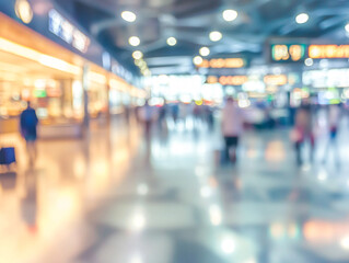 A blurry image of a busy airport with people walking around. Scene is chaotic and bustling, with people rushing to catch their flights.