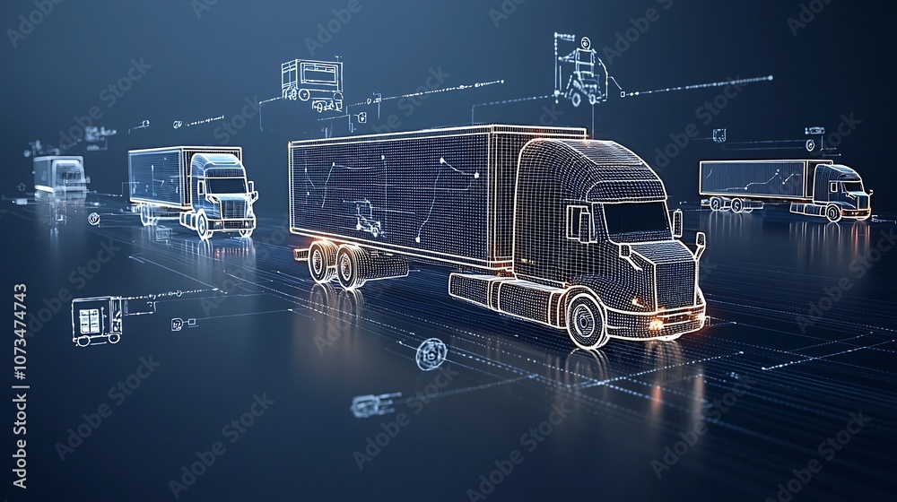 Aufkleber A futuristic vision of semi trailer trucks made of glowing lines delivering goods across a global network floating above a dark blue background with generative influence