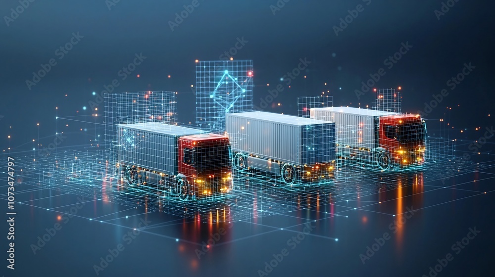 Leinwandbilder digital art depicting glowing trucks transporting cargo internationally with a network grid illumina