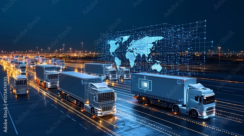 Aufkleber illuminated digital trucks traveling across a glowing grid network at night showcasing the power of 