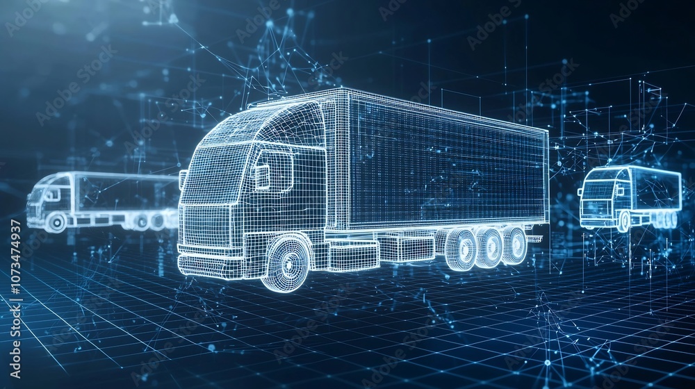 Poster abstract digital art depicting semi trailer trucks composed of glowing light elements floating above