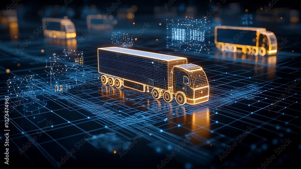 Aufkleber luminous semi trailers adrift on a digital logistics grid an abstract representation of ai driven tr
