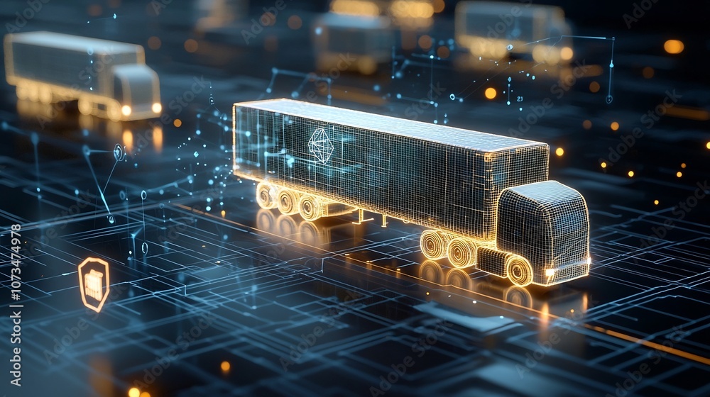 Poster Abstract art showcasing semi trailer trucks made of light floating above a dark blue network grid representing the future of logistics powered by generative intelligence and advanced automation