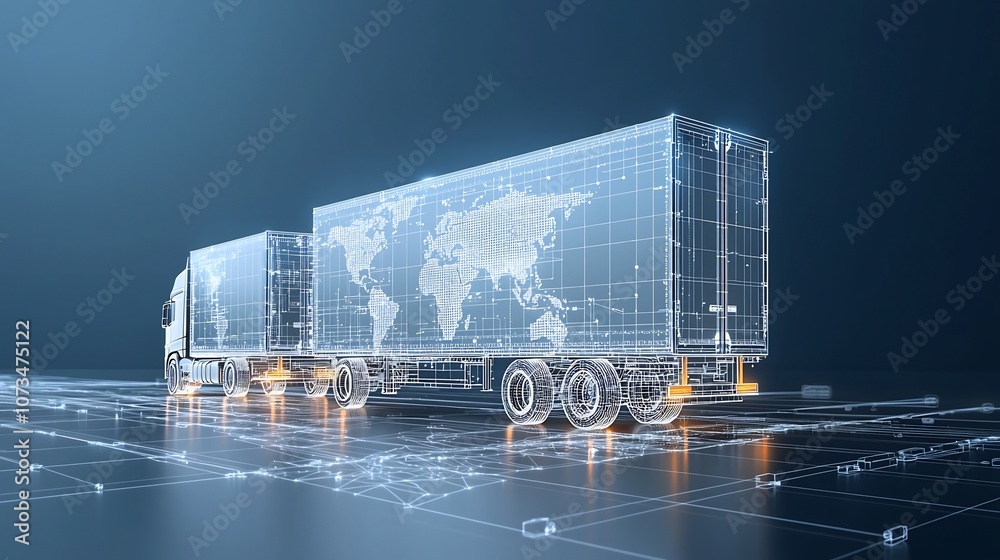 Aufkleber luminous semi trailer trucks composed of glowing lines driving above a global network grid highlight