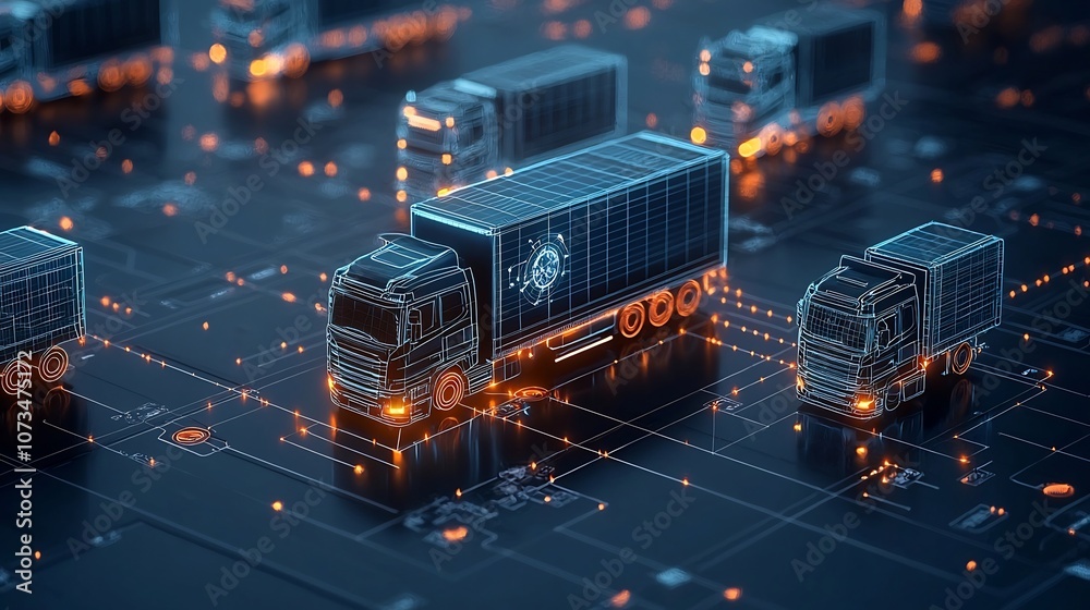 Aufkleber Digital artwork depicting glowing trucks navigating an intricate interconnected grid symbolizing the transformative impact of generative on the international logistics industry