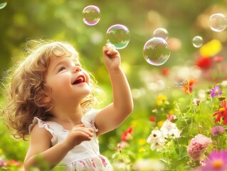 A joyful child plays with bubbles among vibrant flowers, capturing the essence of innocence and the beauty of nature.