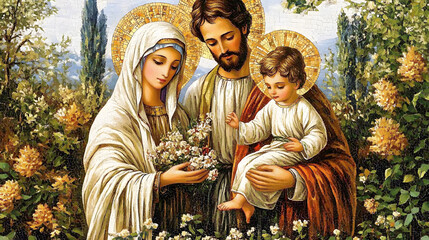 Mosaic of the Holy Family, with Jesus, Mary, and Joseph in an elegant, ancient art style, reflecting devotion and faith © Prasanth
