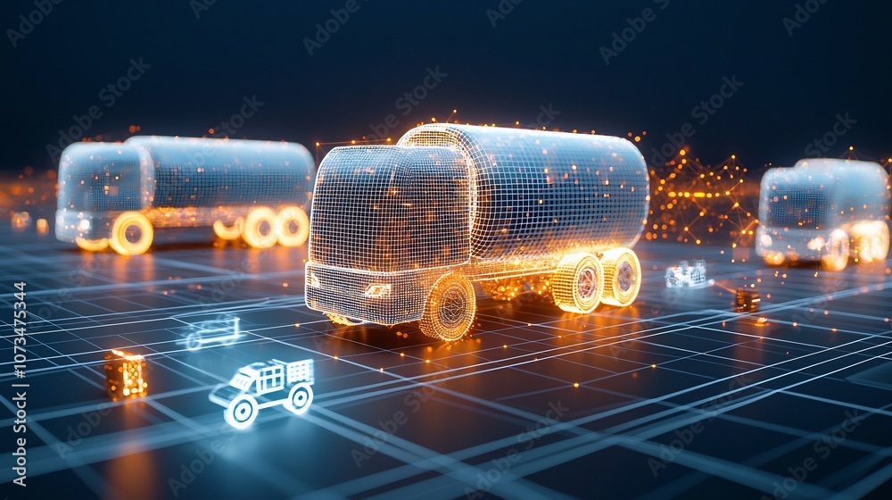 Poster futuristic glowing trucks made from luminous points and lines traveling across a dark digital grid a