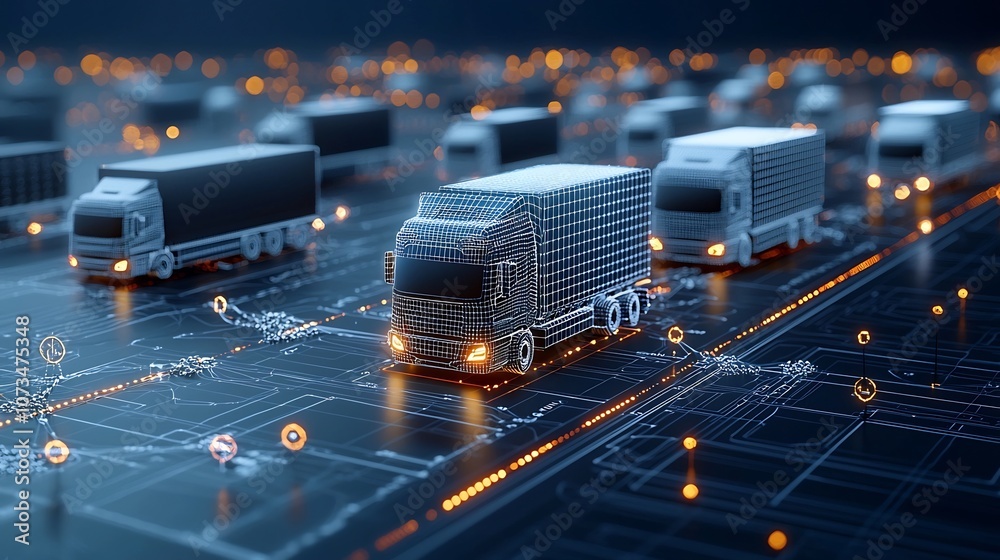 Poster Abstract scene of illuminated trucks driving along a generative AI driven network grid representing the transformative power of technology in modern global logistics