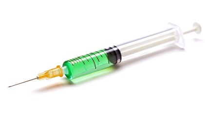 Fototapeta premium Injection with a Syringe Isolated on White Background - a clinical and precise visual. The injection with a syringe isolated on the white background creates a clean and sterile look. It gives the impr