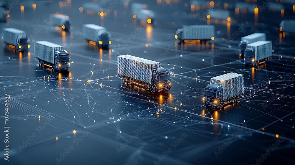 Poster an abstract scene depicting illuminated trucks driving along a futuristic network grid