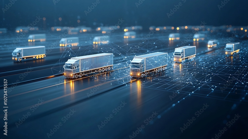 Poster An abstract and futuristic scene depicting illuminated trucks seamlessly navigating through a dynamic network grid