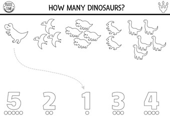 Fototapeta premium Black and white counting and matching game with dinosaurs. Dino math addition activity for preschool kids. Prehistoric line printable counting worksheet with T-rex, brachiosaur, triceratops, iguanodon