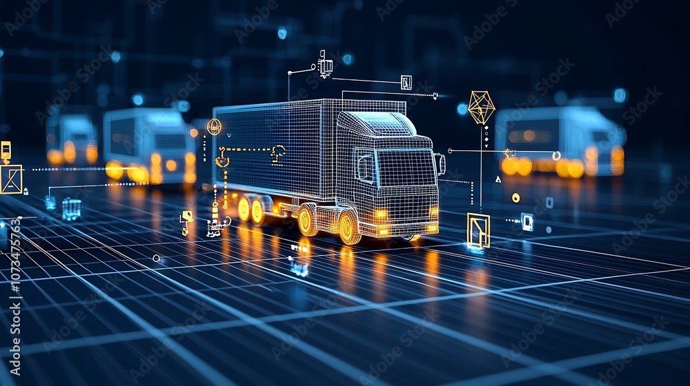 Poster Abstract digital trucks illuminated by lines and points driving at night over a global network showcasing the future of logistics and generative on a dark blue grid background