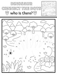 Vector black and white dot-to-dot and color line activity with stegosaur, prehistoric scene. Dinosaur connect the dots game, coloring page. What is missing printable worksheet