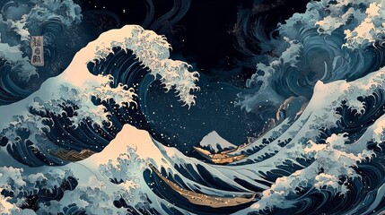 A Japanese Great Wave Pattern Print Seamless Background Illustration

