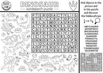 Vector black and white wordsearch puzzle for kids with dinosaur names. Word search quiz with dinos. Educational line activity with T-rex, triceratops, stegosaur. Cross word prehistoric coloring page