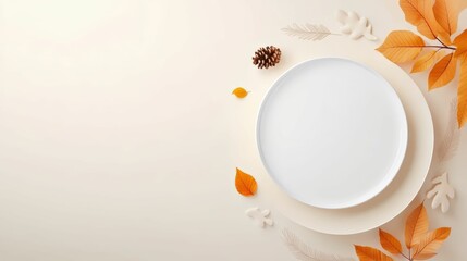 A white plate with a pine cone on top of it