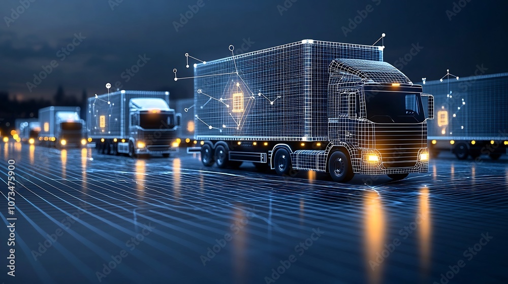 Poster Abstract showcasing autonomous trucks illuminated by lines and points driving through a global digital logistics network under a dark blue grid background