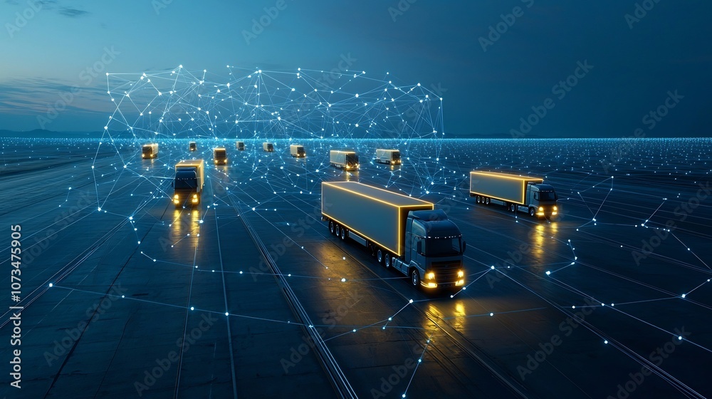 Leinwandbilder illuminated semi trailer trucks navigating an interconnected grid against a dark blue backdrop repre