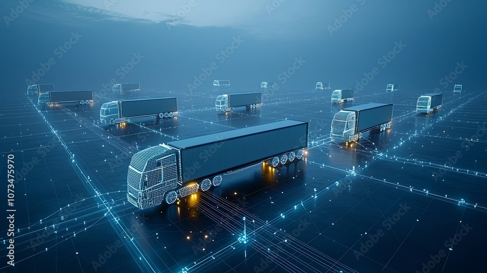 Poster luminous semi trailer trucks navigate an interconnected grid at night floating above a dark blue bac