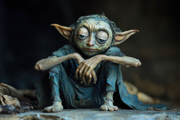 A tired creature with large ears and greenish skin sits pensively, suggesting a mystical or fantasy setting with an emphasis on contemplation and solitude.