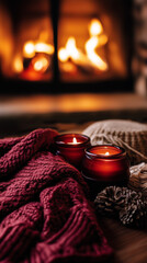 Christmas Still Life with Candles and Winter Decor in Warm Fireside Palette &ndash; Mulled Wine Red, Chestnut Brown, and Ember Orange
