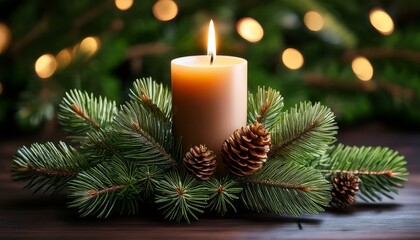 Candle in pine bough decoration