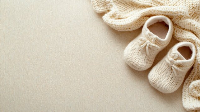 Soft baby booties and a knitted blanket create a cozy and warm atmosphere, AI