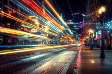 Fototapeta premium City Street at Night with Light Trails and Christmas Lights