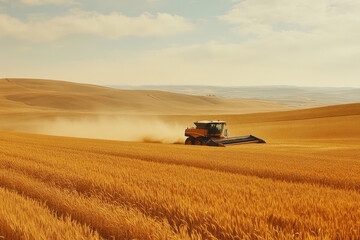 Combine Harvester at Work in Golden Wheat Field
