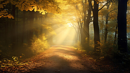 Obraz premium Autumn Forest Path with Golden Leaves and Sunlight Filtering Through Trees