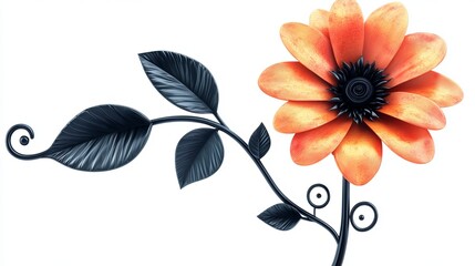 Obraz premium Illustration of orange flower with black spiral stem and leaves with seamless designs in neo-primitive style on white background