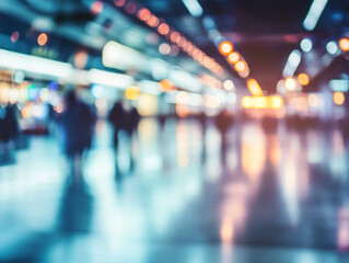 A blurry image of a busy airport with people walking around. Scene is chaotic and bustling, with people rushing to catch their flights.