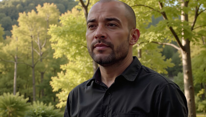 Confident bald man cancer survivor standing in nature exuding strength and hope