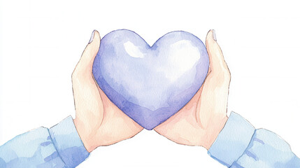 Fototapeta premium A pair of hands gently holds a shiny blue heart, symbolizing love, care, and compassion in a soft, artistic style.