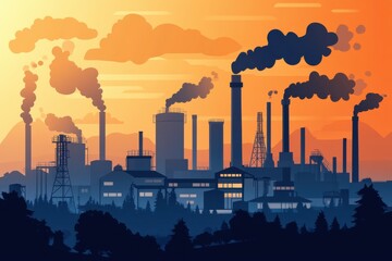 Vector illustration of an industrial landscape with smokestacks, pollution, and environmental hazards