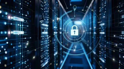 Obraz premium A network security Data Center with a Virtual Lock, Protecting Sensitive Information