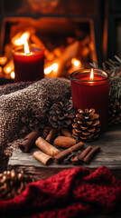 Christmas Still Life with Candles and Winter Decor in Warm Fireside Palette &ndash; Mulled Wine Red, Chestnut Brown, and Ember Orange