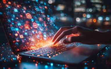 A person using a laptop for real estate marketing, digital houses floating above, showcasing the role of social media in promoting commercial properties