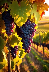 Naklejka premium vibrant vineyard landscape featuring lush grapes rolling hills capturing essence bountiful harvests, abundant, agriculture, bright, bounty, beautiful