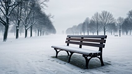 Lonely bench covered in snow in a quiet winter park scene
