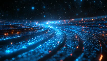 Abstract blue background with floating hexagons and digital data streams, representing technology and digital marketing for web banner design